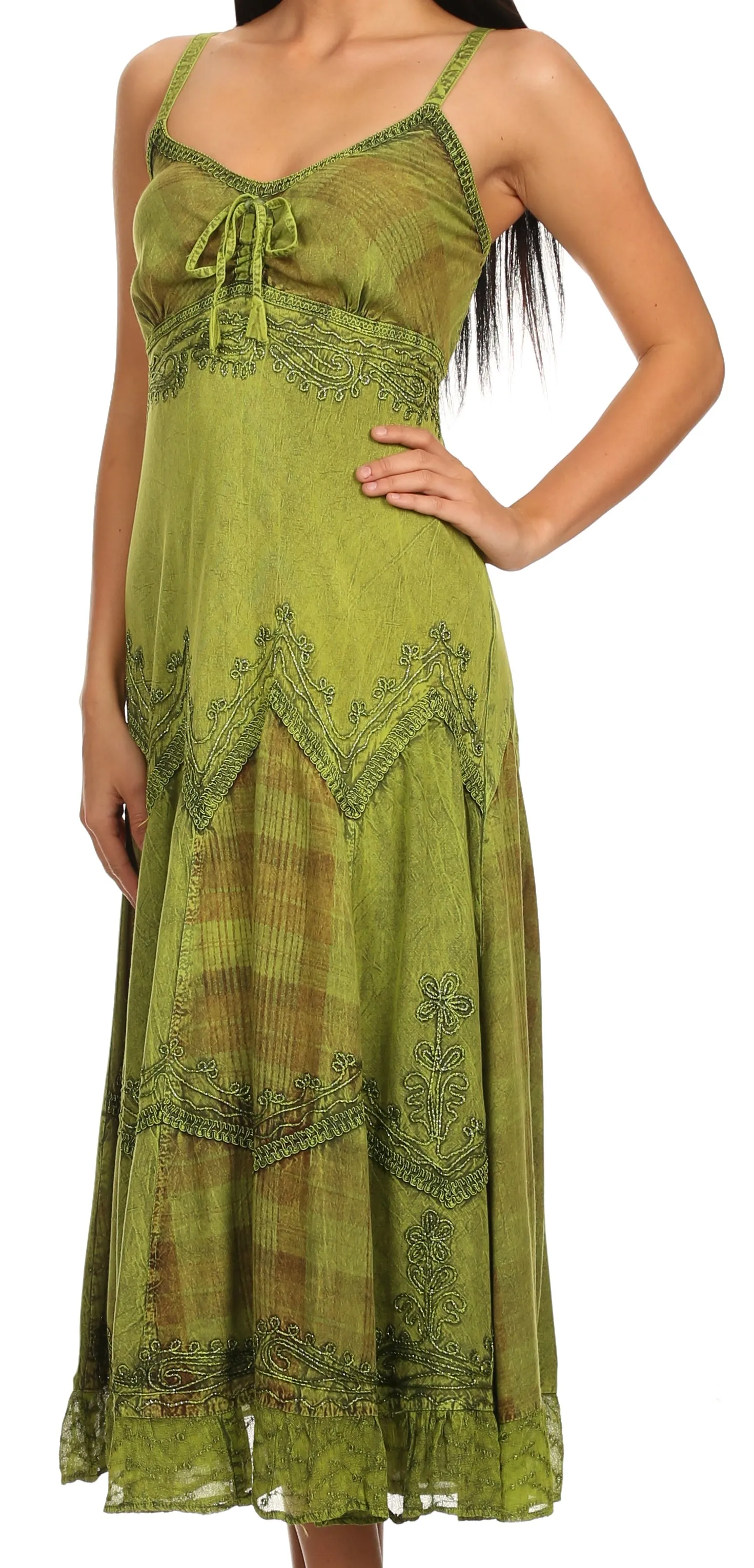 Sakkas Iris Plaid Stonewashed Rayon Embroidered Adjustable Spaghetti Straps Dress