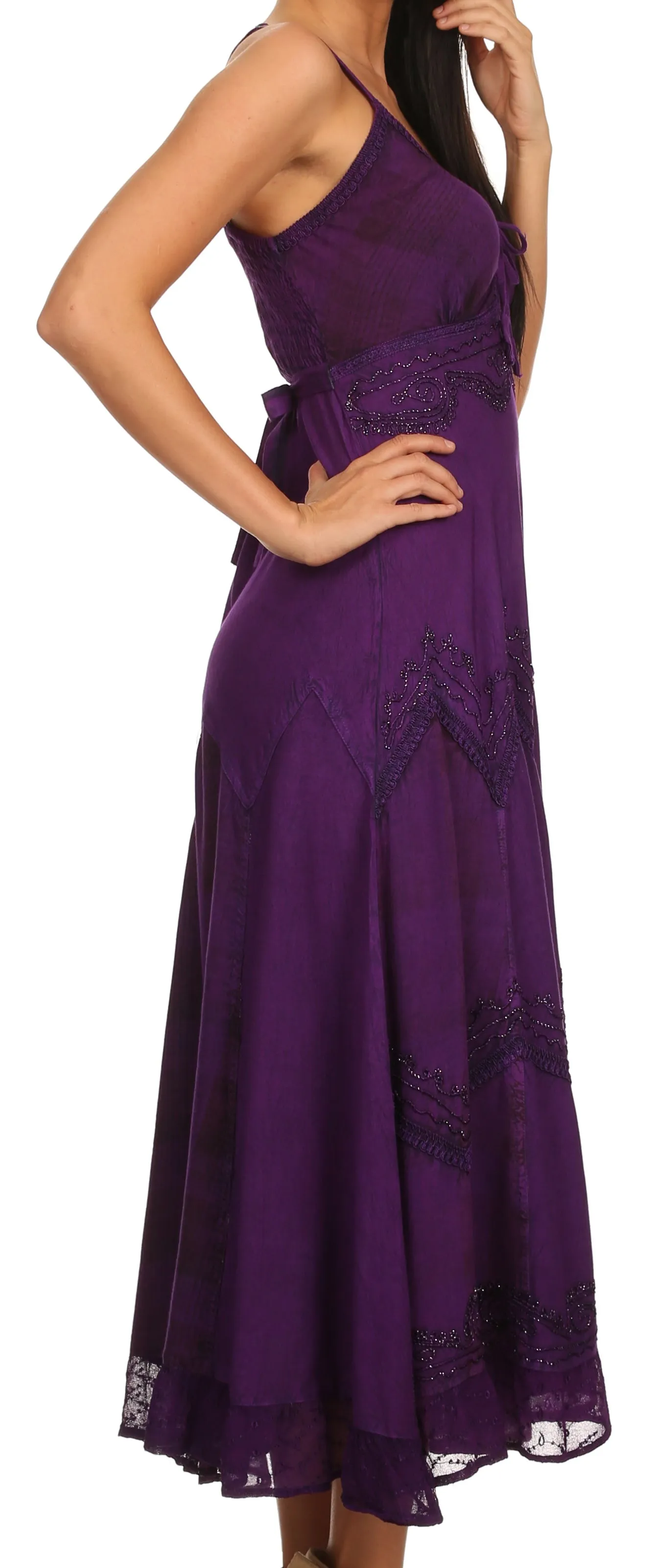 Sakkas Iris Plaid Stonewashed Rayon Embroidered Adjustable Spaghetti Straps Dress