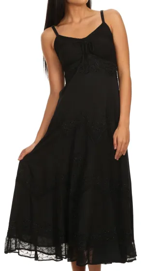 Sakkas Iris Plaid Stonewashed Rayon Embroidered Adjustable Spaghetti Straps Dress