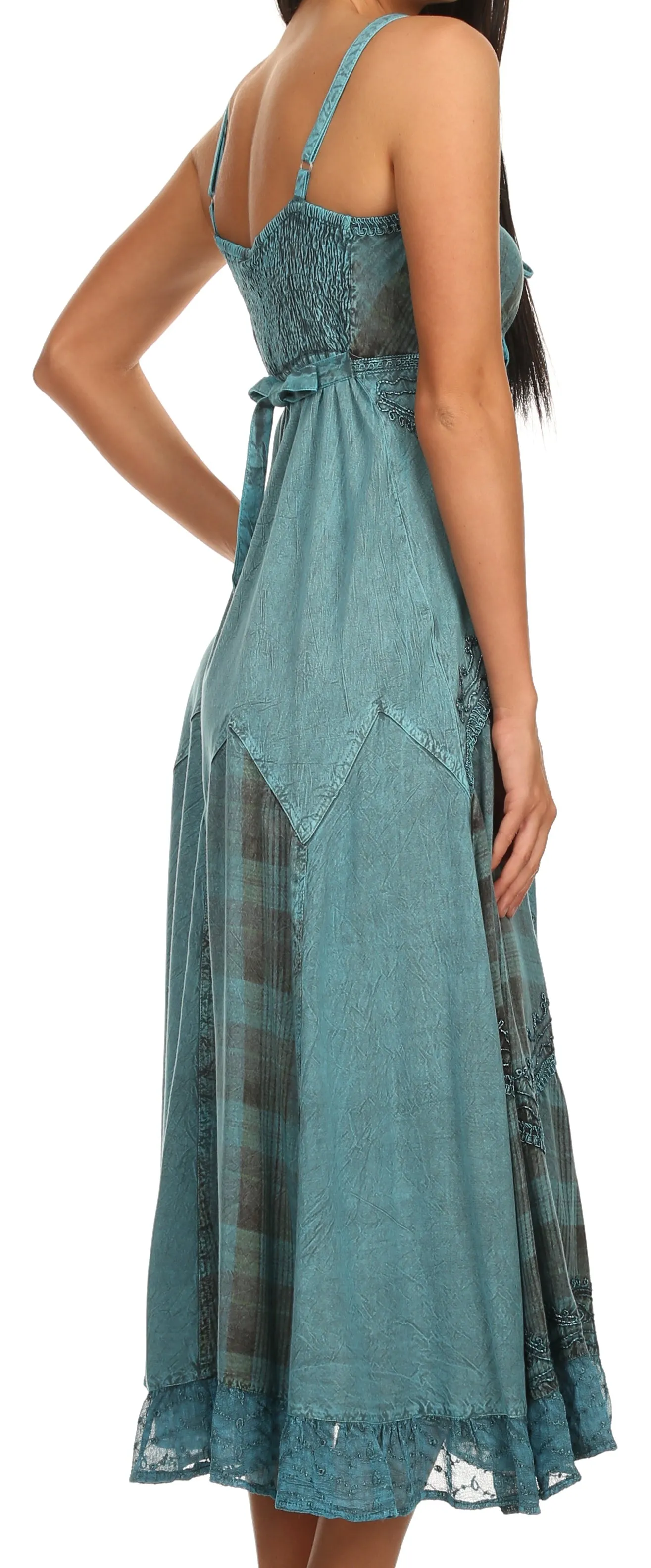 Sakkas Iris Plaid Stonewashed Rayon Embroidered Adjustable Spaghetti Straps Dress