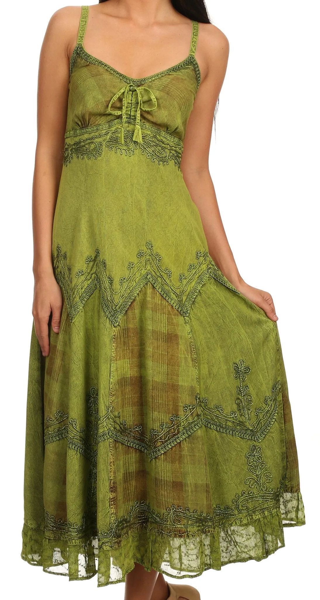Sakkas Iris Plaid Stonewashed Rayon Embroidered Adjustable Spaghetti Straps Dress