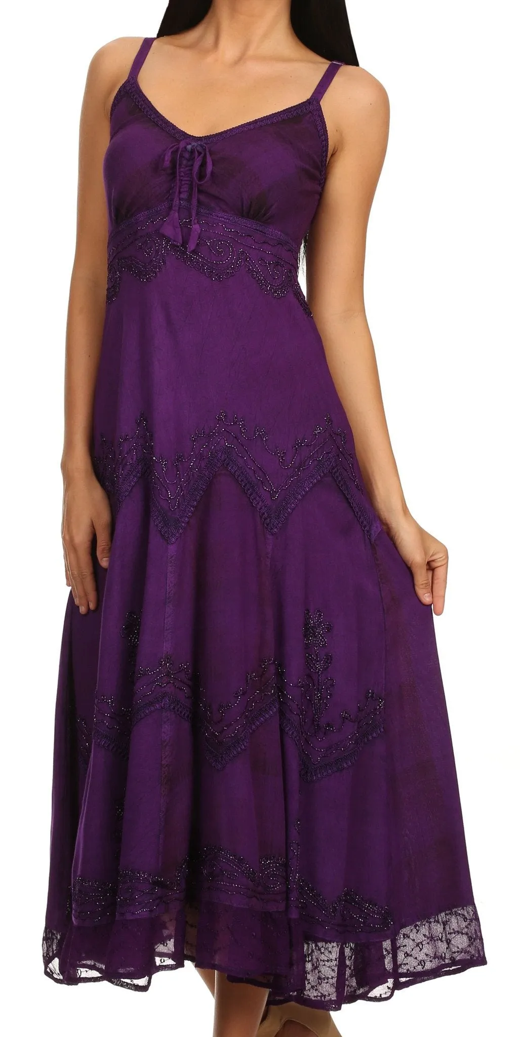 Sakkas Iris Plaid Stonewashed Rayon Embroidered Adjustable Spaghetti Straps Dress