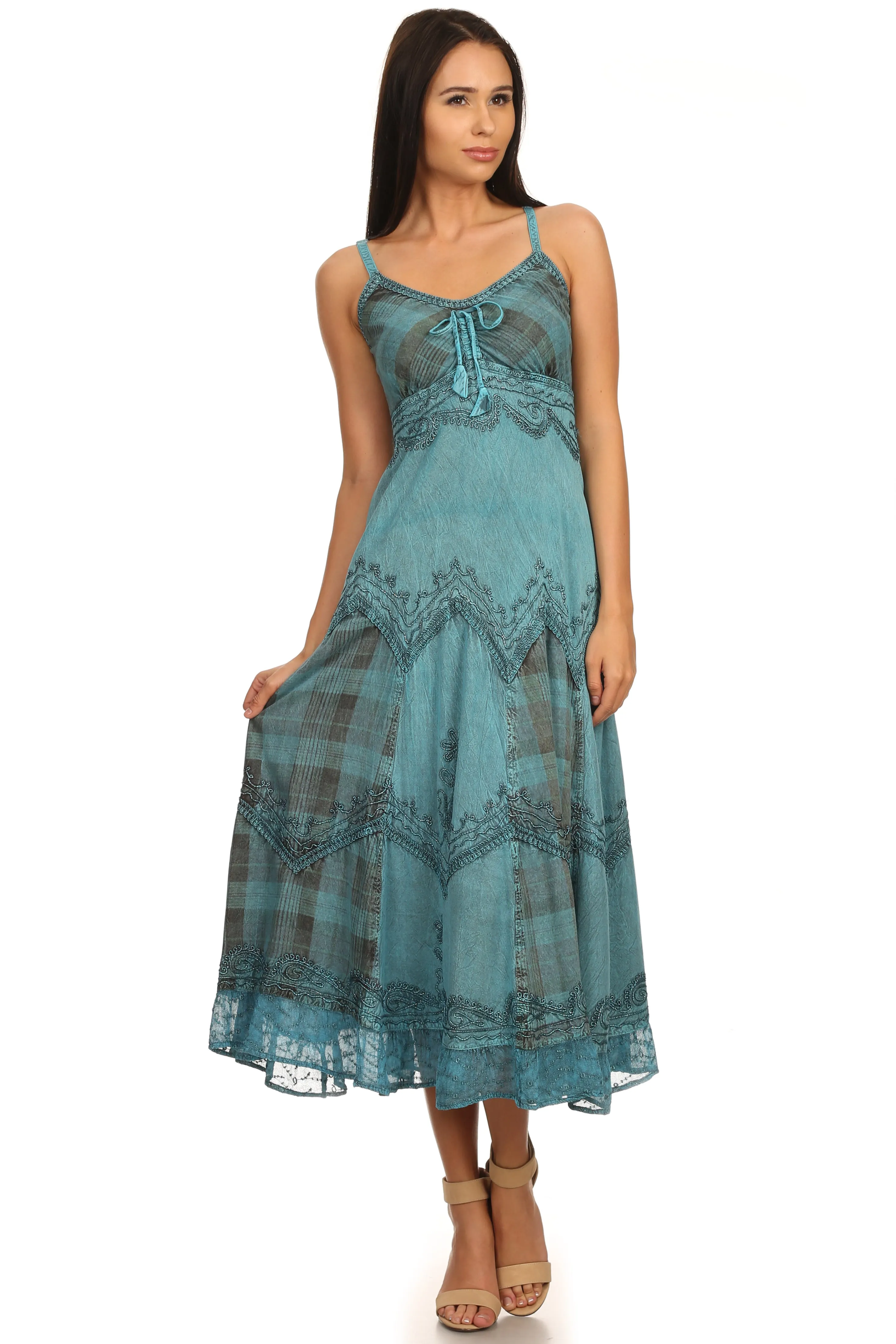 Sakkas Iris Plaid Stonewashed Rayon Embroidered Adjustable Spaghetti Straps Dress