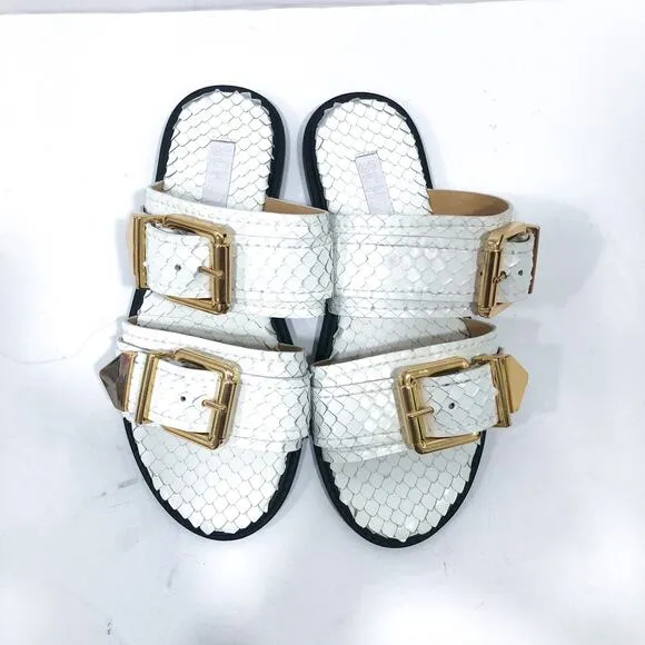 Schutz Shina White Snake Reptile Embossed Leather Slide Sandals