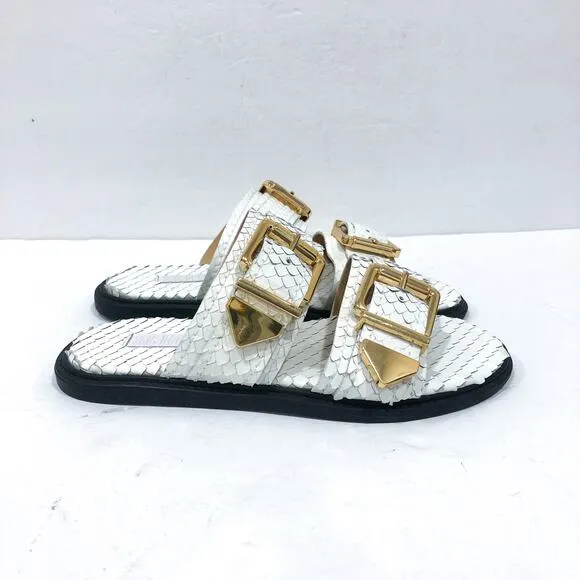Schutz Shina White Snake Reptile Embossed Leather Slide Sandals