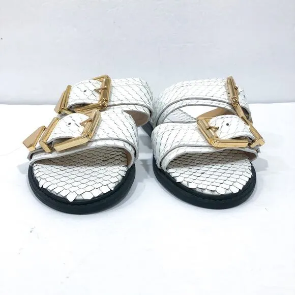 Schutz Shina White Snake Reptile Embossed Leather Slide Sandals
