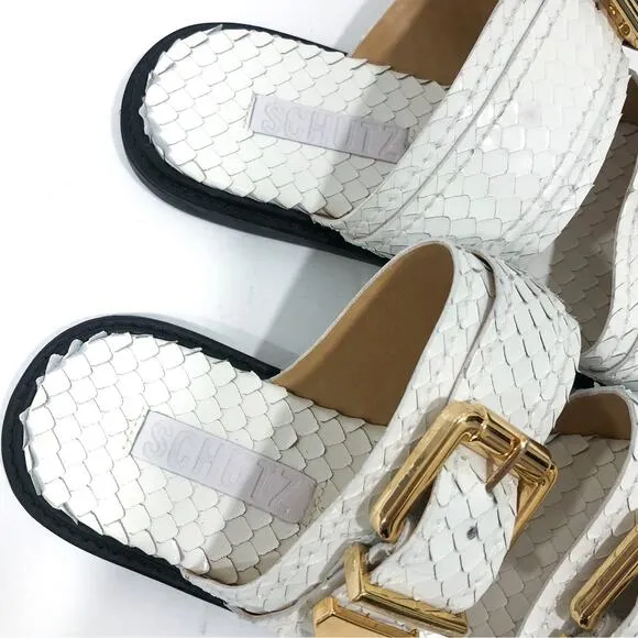 Schutz Shina White Snake Reptile Embossed Leather Slide Sandals