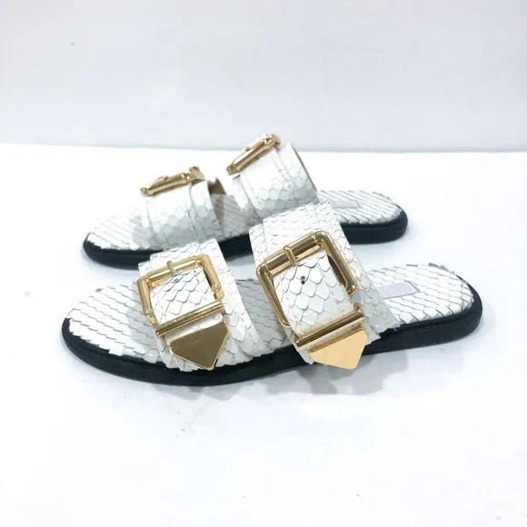 Schutz Shina White Snake Reptile Embossed Leather Slide Sandals