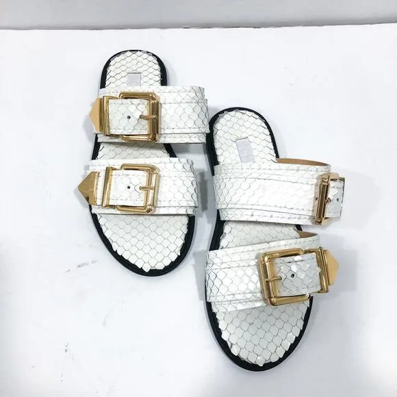 Schutz Shina White Snake Reptile Embossed Leather Slide Sandals