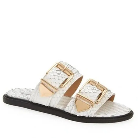 Schutz Shina White Snake Reptile Embossed Leather Slide Sandals