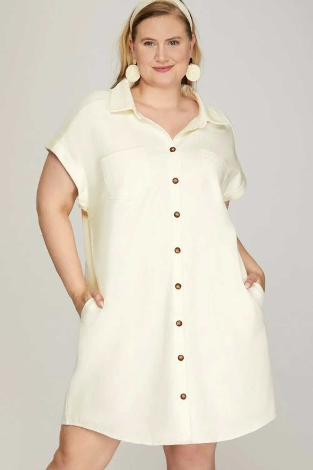 She   Sky Folded Cuff Button Down Washed Twill Shirt Dress