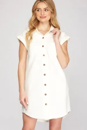 She   Sky Folded Cuff Button Down Washed Twill Shirt Dress