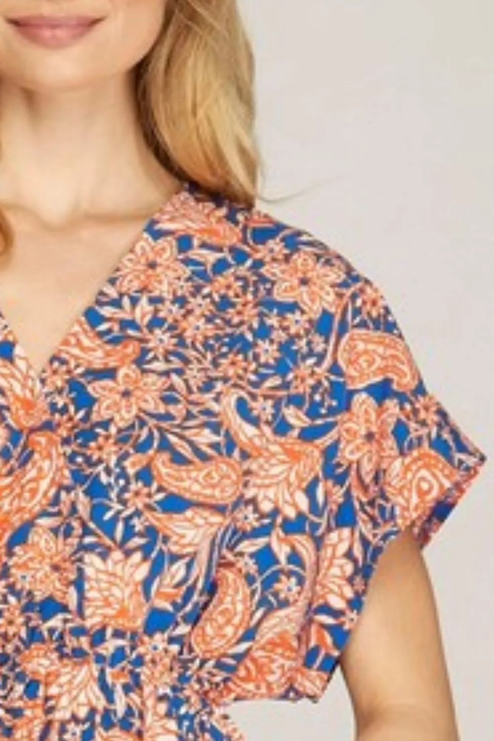 She   Sky Full Size Ruffled Hem Printed Surplice Kimono Sleeve Mini Dress Plus Size