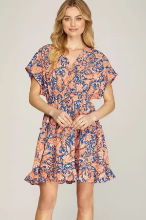 She   Sky Full Size Ruffled Hem Printed Surplice Kimono Sleeve Mini Dress Plus Size