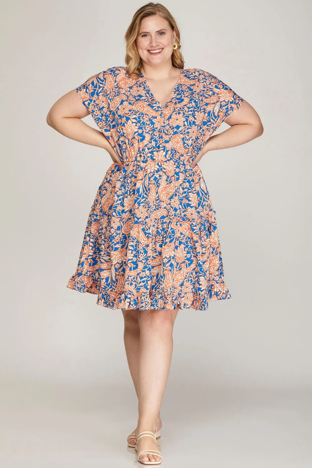 She   Sky Full Size Ruffled Hem Printed Surplice Kimono Sleeve Mini Dress Plus Size