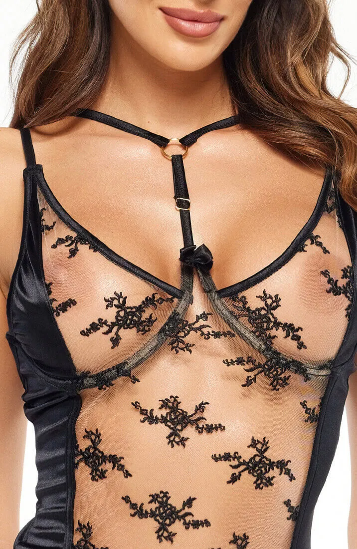Sheer nude bustier with black lace - Gianna