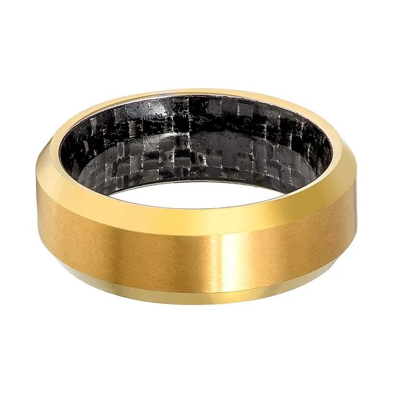Shiny Polished Gold Tungsten Men's Wedding Band with Black Carbon Fiber Inlay - 8MM