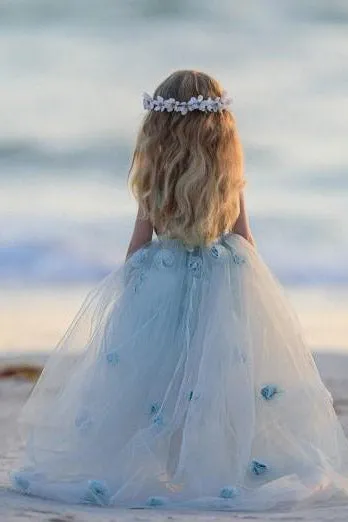 Sleeveless Bateau Backless Handmade Flower Tulle A Line Flower Girl Dress OHR038