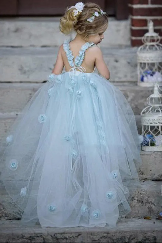 Sleeveless Bateau Backless Handmade Flower Tulle A Line Flower Girl Dress OHR038