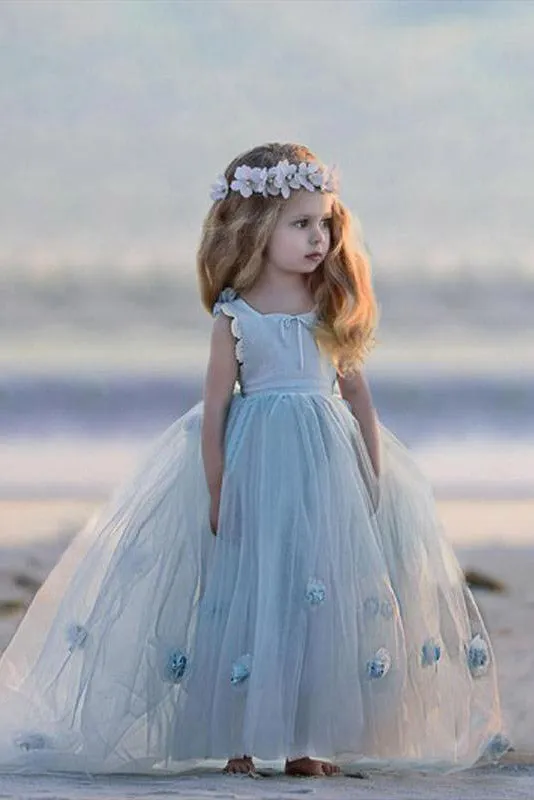 Sleeveless Bateau Backless Handmade Flower Tulle A Line Flower Girl Dress OHR038