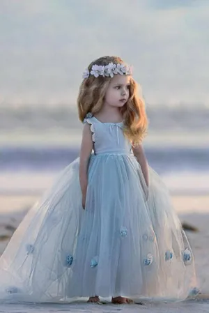 Sleeveless Bateau Backless Handmade Flower Tulle A Line Flower Girl Dress OHR038
