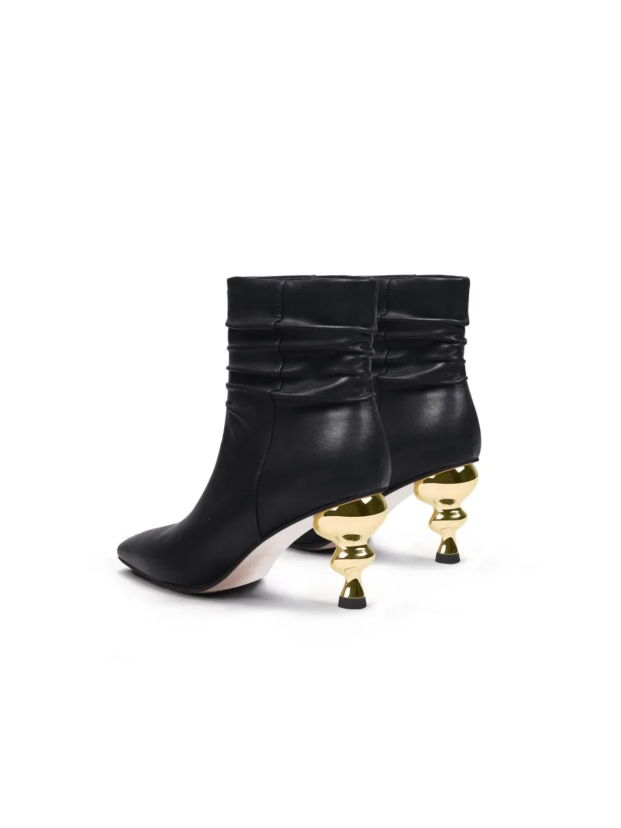 Slouchy Gold Kettle Heeled Black Ankle Boot