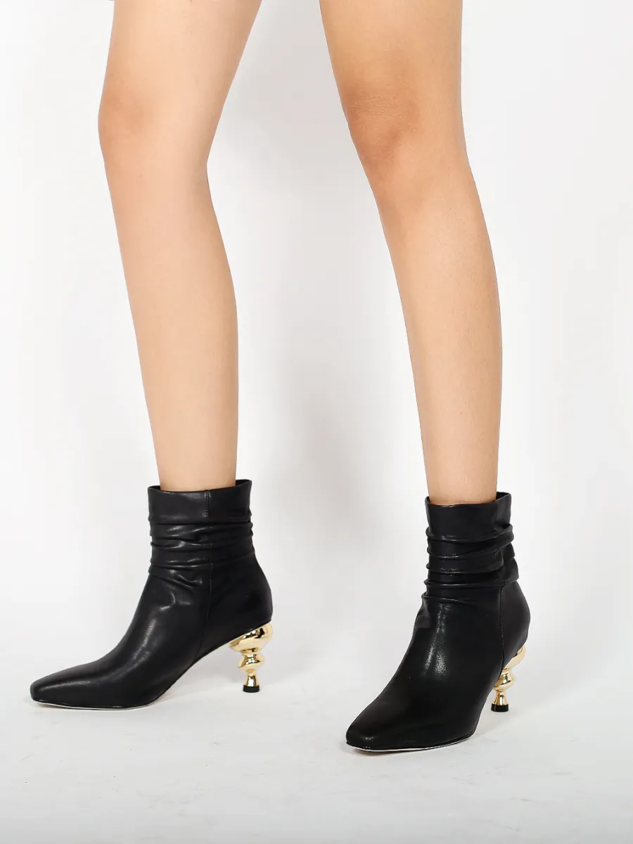 Slouchy Gold Kettle Heeled Black Ankle Boot