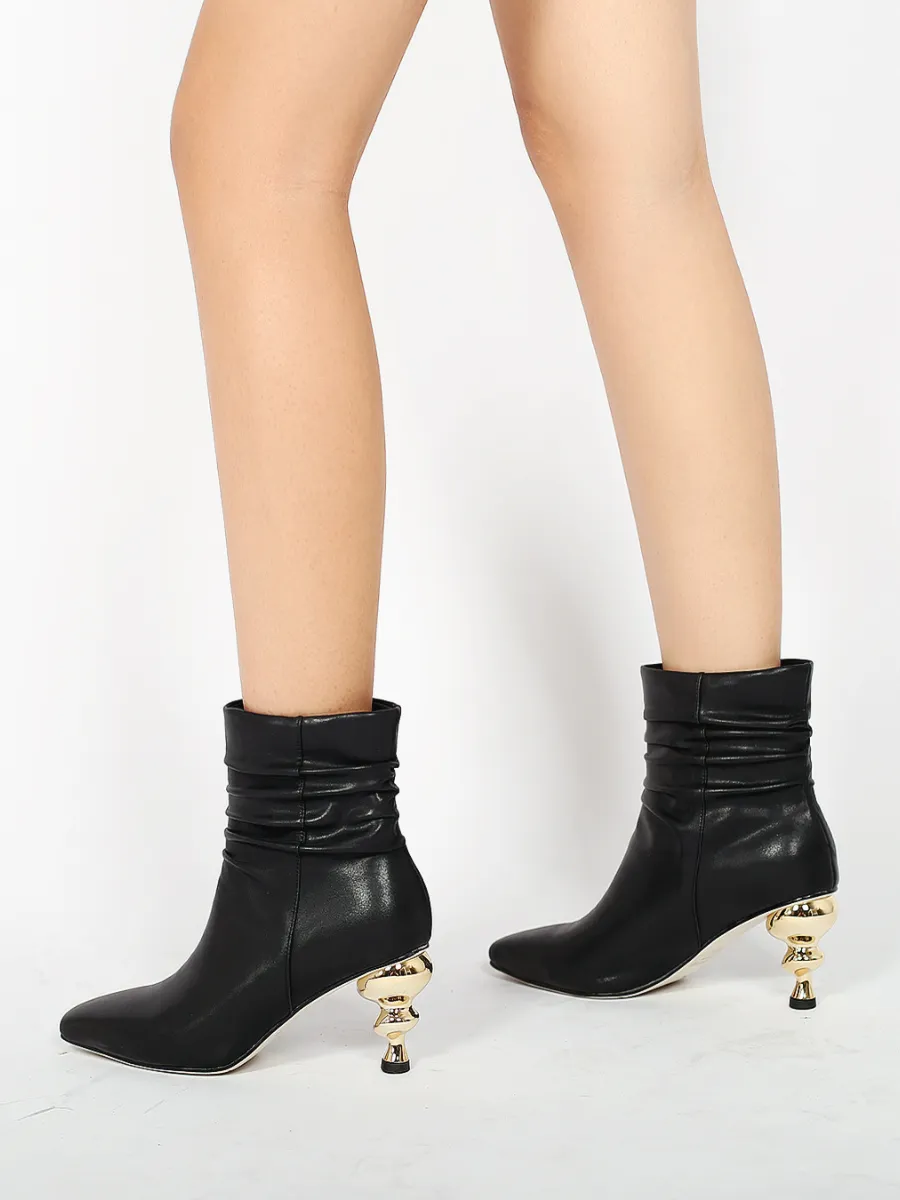 Slouchy Gold Kettle Heeled Black Ankle Boot