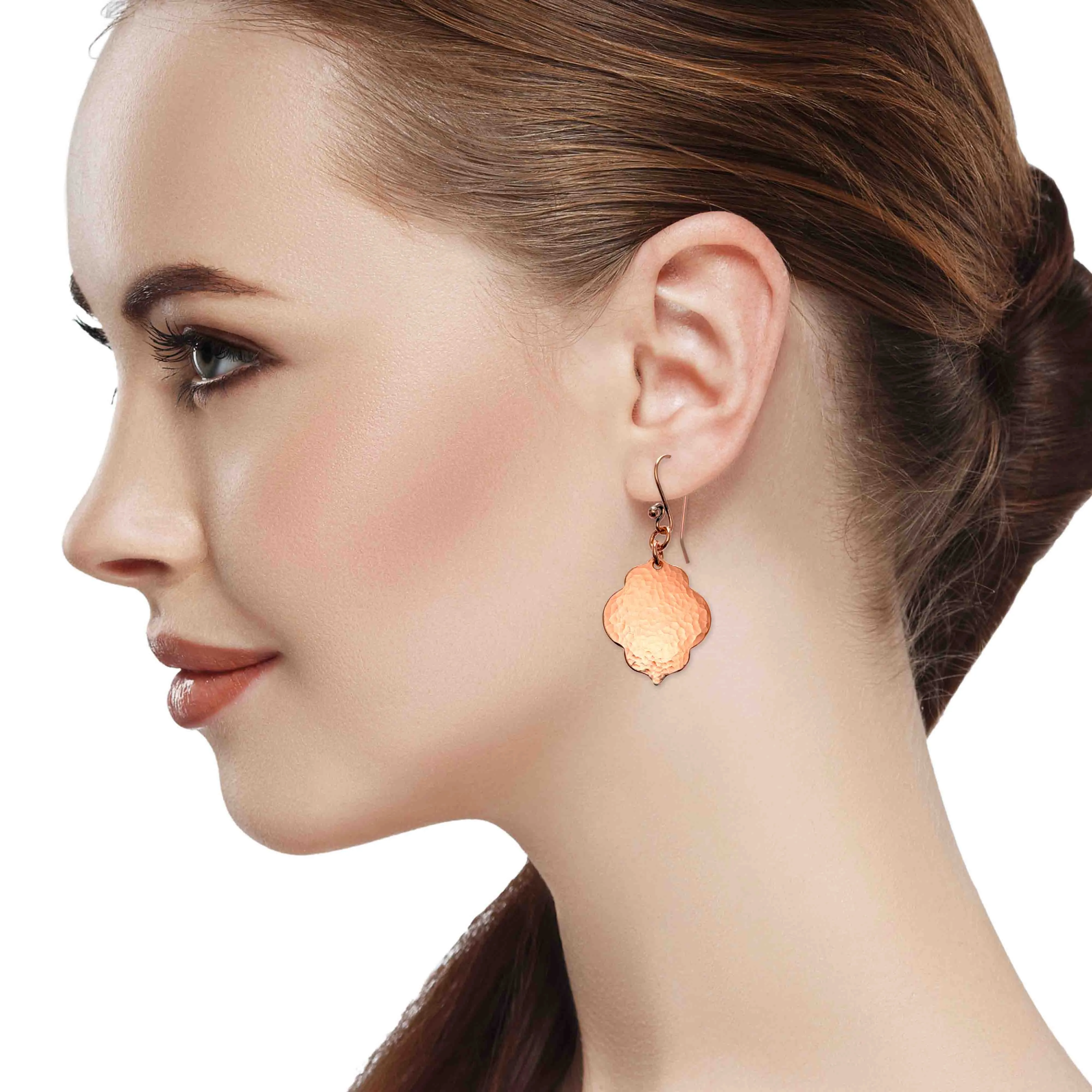 Small Hammered Copper Quatrefoil Dangle Earrings