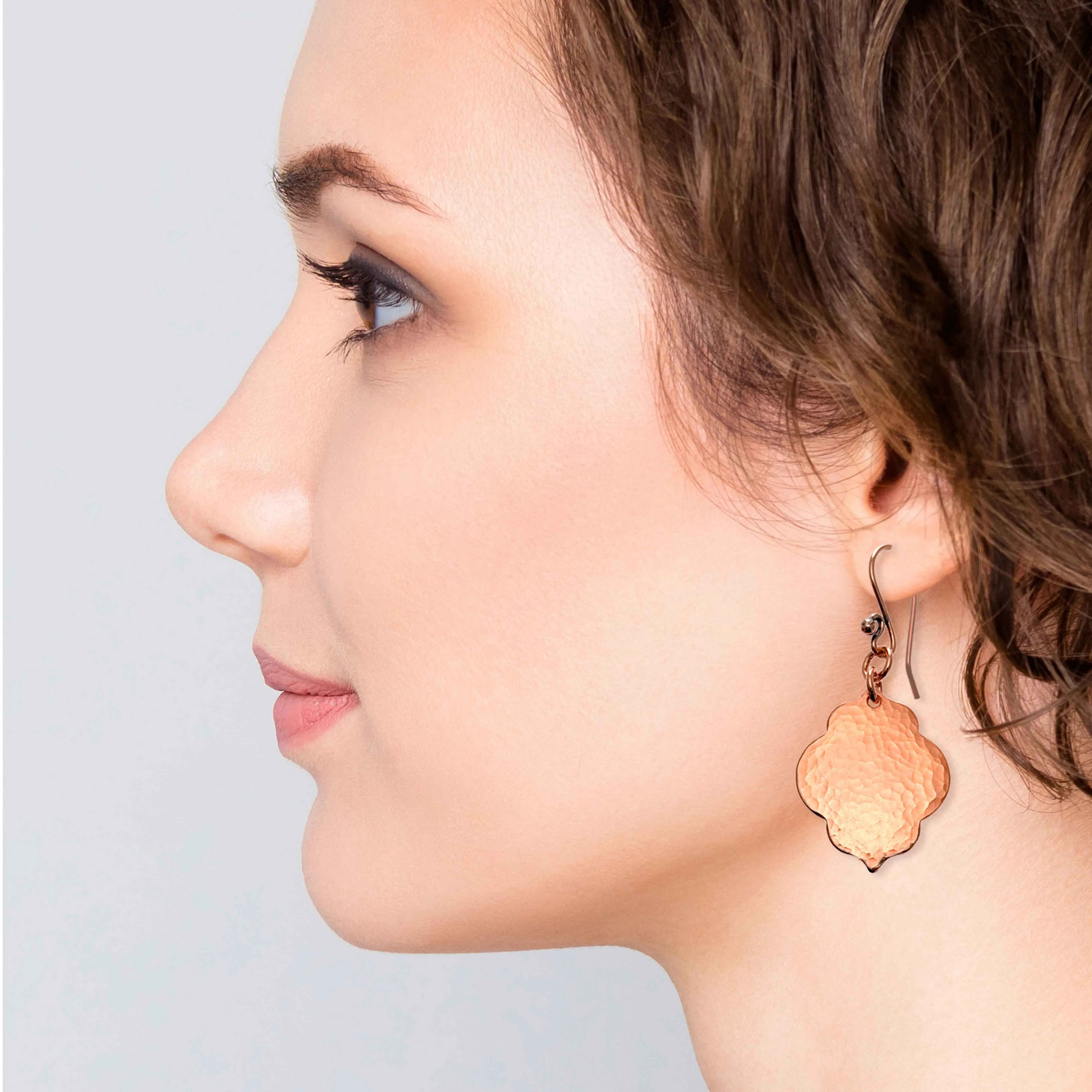 Small Hammered Copper Quatrefoil Dangle Earrings