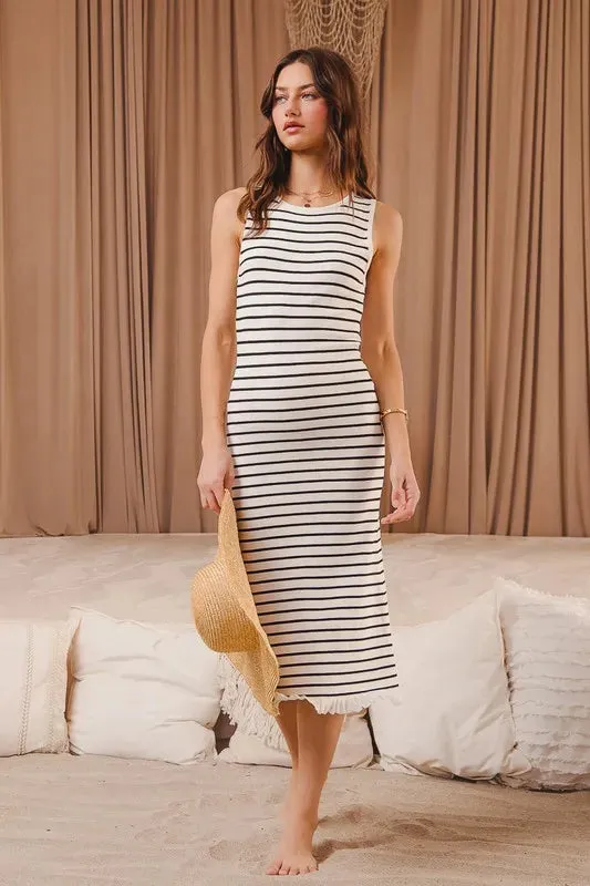 SO ME Stripe Sleeveless Sweater Knit Maxi Dress With Ruffled Hem