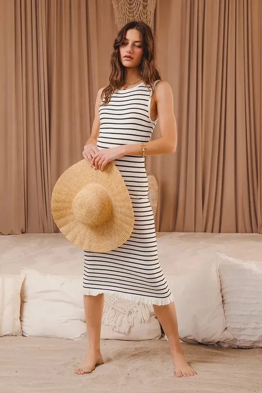 SO ME Stripe Sleeveless Sweater Knit Maxi Dress With Ruffled Hem
