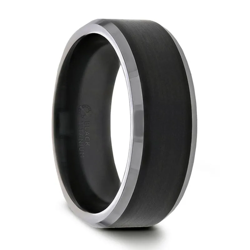 SPARTA Brushed Black Center Beveled Edges Titanium Wedding Ring  6mm & 8mm