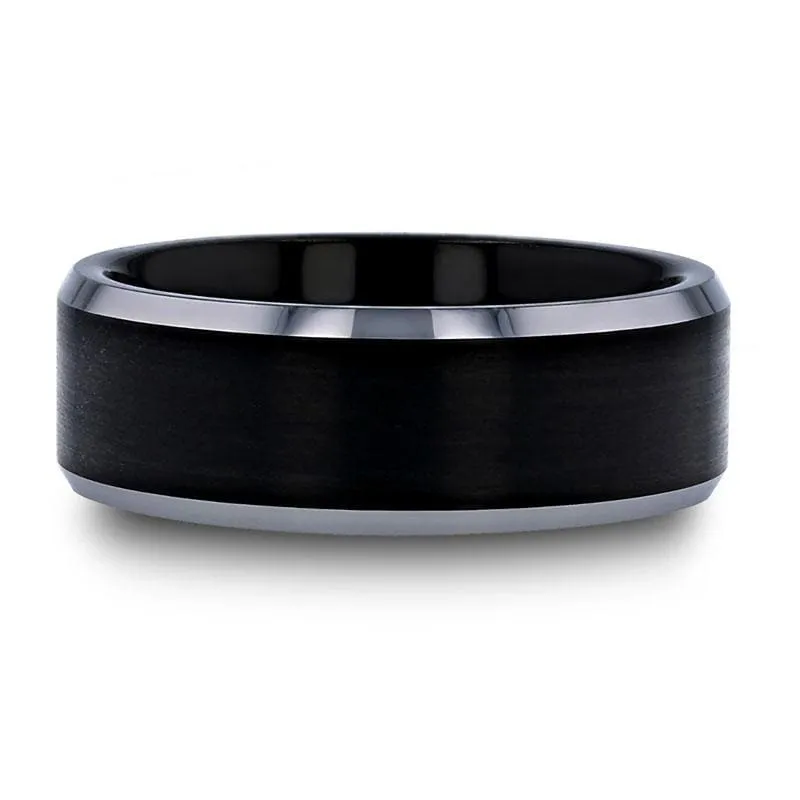 SPARTA Brushed Black Center Beveled Edges Titanium Wedding Ring  6mm & 8mm