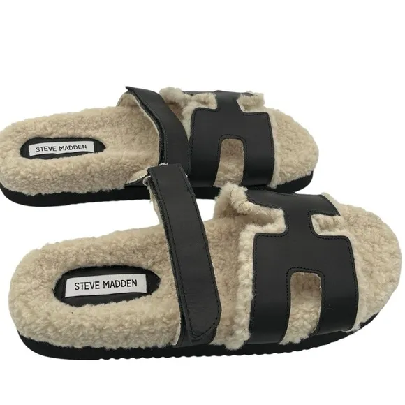 Steve Madden Mayven Faux Fur Leather Slide Sandals Women's Size 9.5