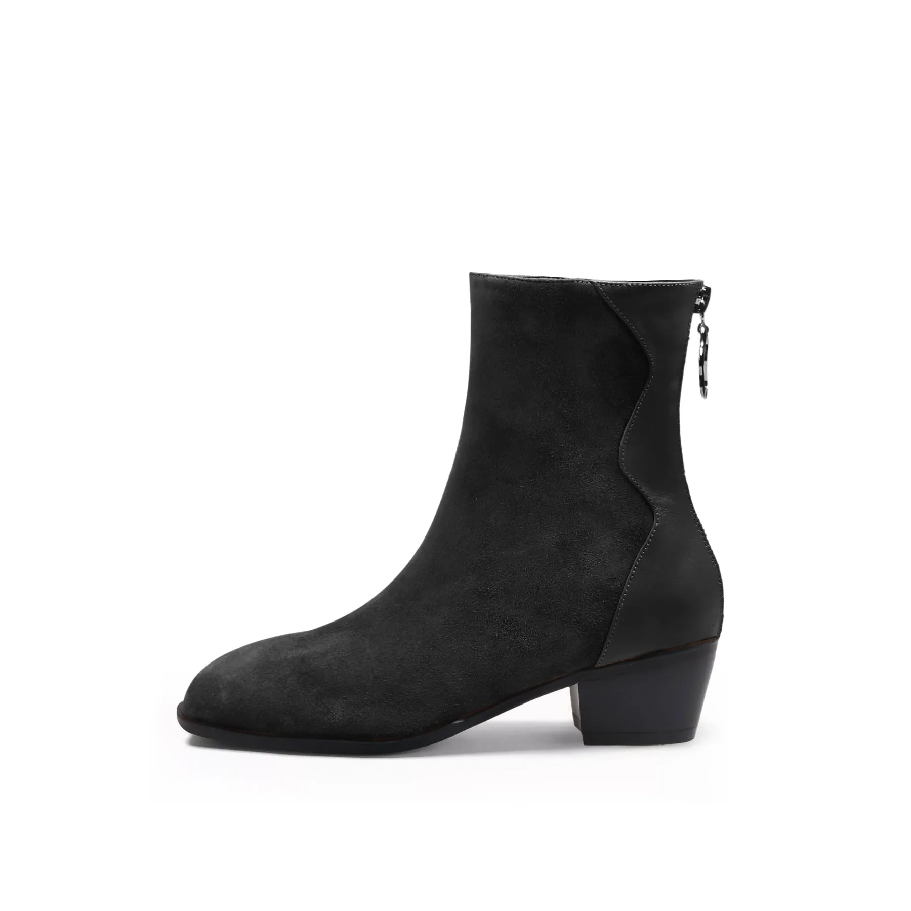 Suede Leather Ankle Boot - Black