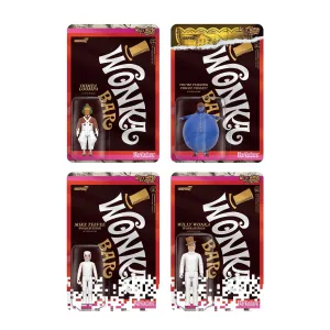 Super7 x WILLY WONKA & THE CHOCOLATE FACTORY - Willy Wonka (White Suit), Mike Teevee (White Suit), Violet Beauregarde (Blueberry), & Oompa Loompa ReAction Figure Set