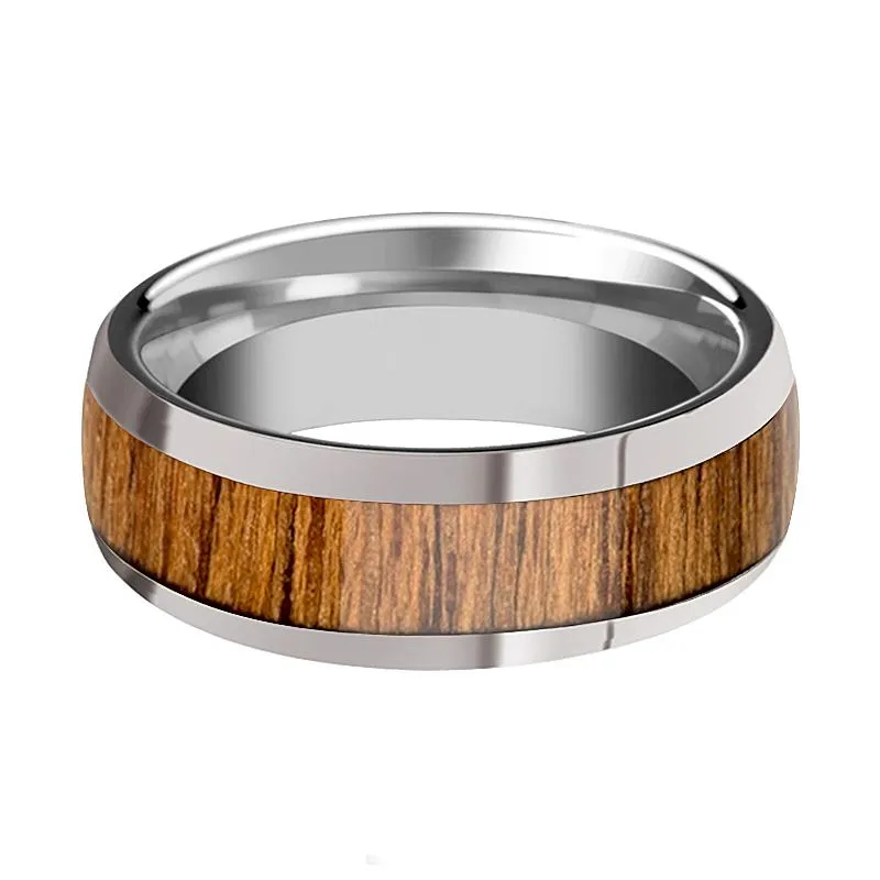 THEKKA | Silver Tungsten Ring, Teak Wood Inlay, Domed