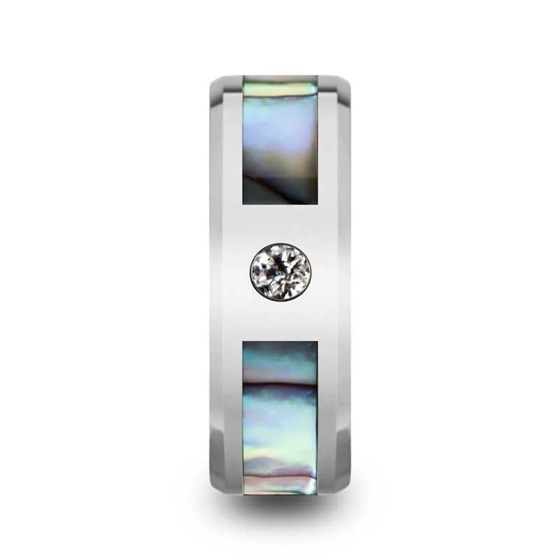 Thorsten HONOLULU Mother of Pearl Inlay Tungsten Carbide Ring with Beveled Edges and White Diamond - 8mm