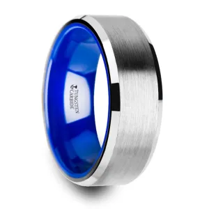 Thorsten Sirius Tungsten Wedding Band w/ Brush Center Bevel Edges & Vibrant Blue Ceramic Inlay (8mm) W3926-TCBI