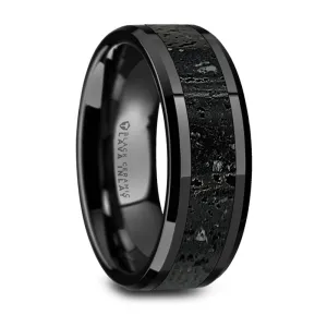 Thorsten Vesuvius Polished Black Ceramic Wedding Band w/ Black & Gray Lava Rock Stone Inlay & Polished Beveled Edges (6-8mm) W1491-BCLI