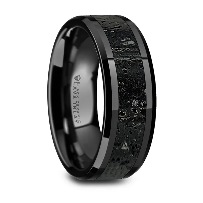 Thorsten Vesuvius Polished Black Ceramic Wedding Band w/ Black & Gray Lava Rock Stone Inlay & Polished Beveled Edges (6-8mm) W1491-BCLI