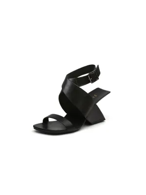 Twist Strap Open-Heel Leather Slide Sandal - Black