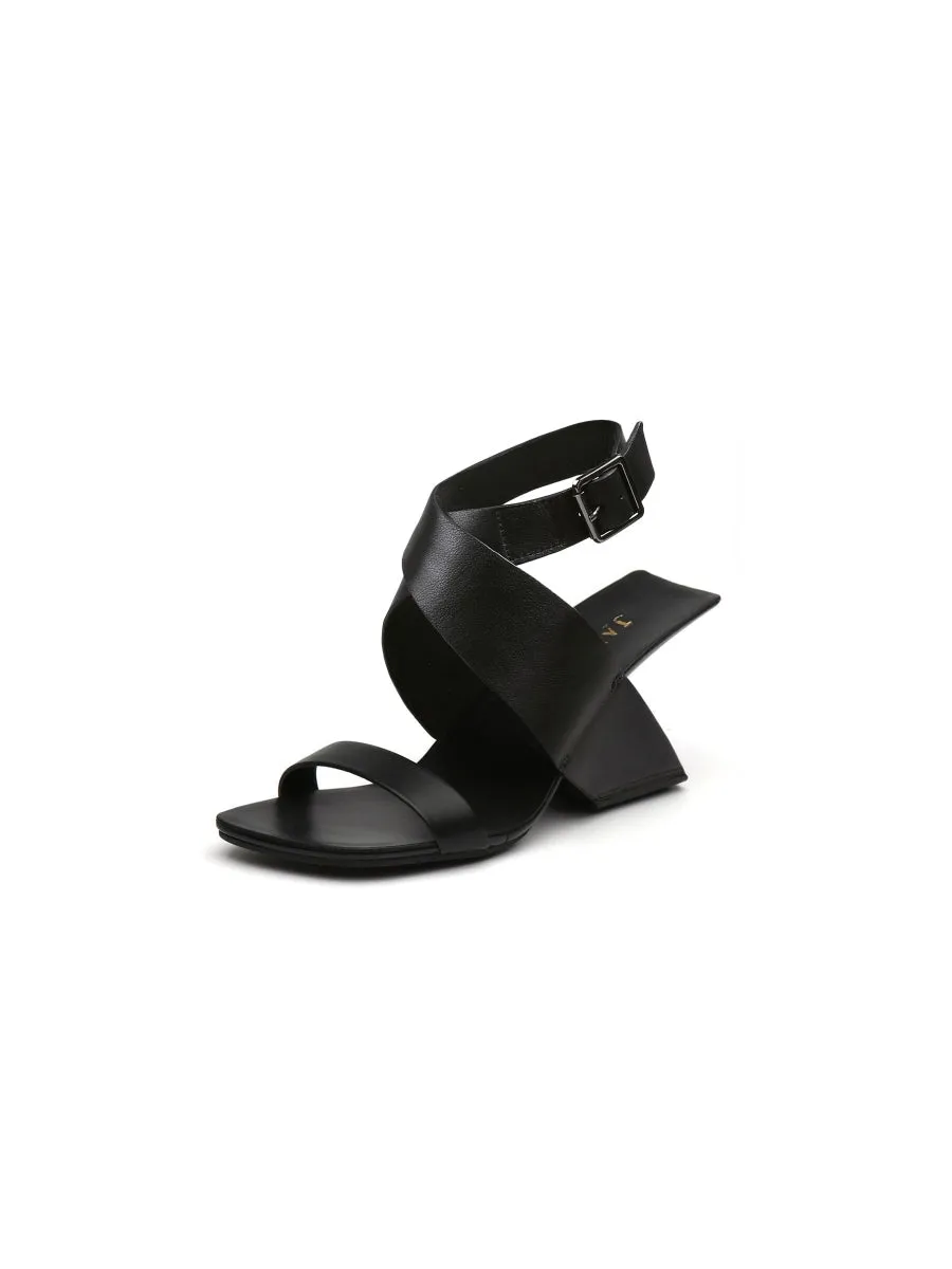 Twist Strap Open-Heel Leather Slide Sandal - Black