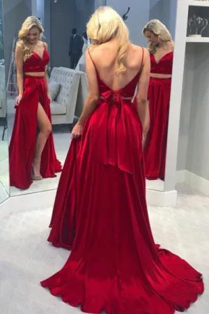 Two Piece Spaghetti Straps Backless Sweep Train Red Prom Dress with Split PD007