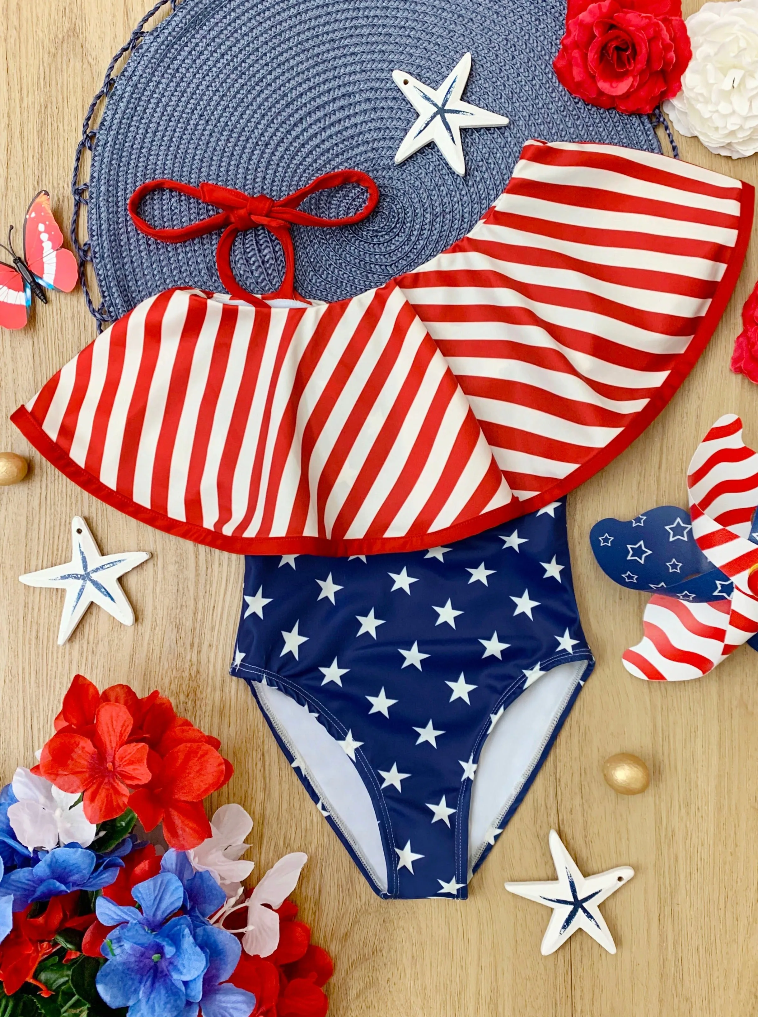 USA Ruffle One Shoulder One Piece Swimsuit
