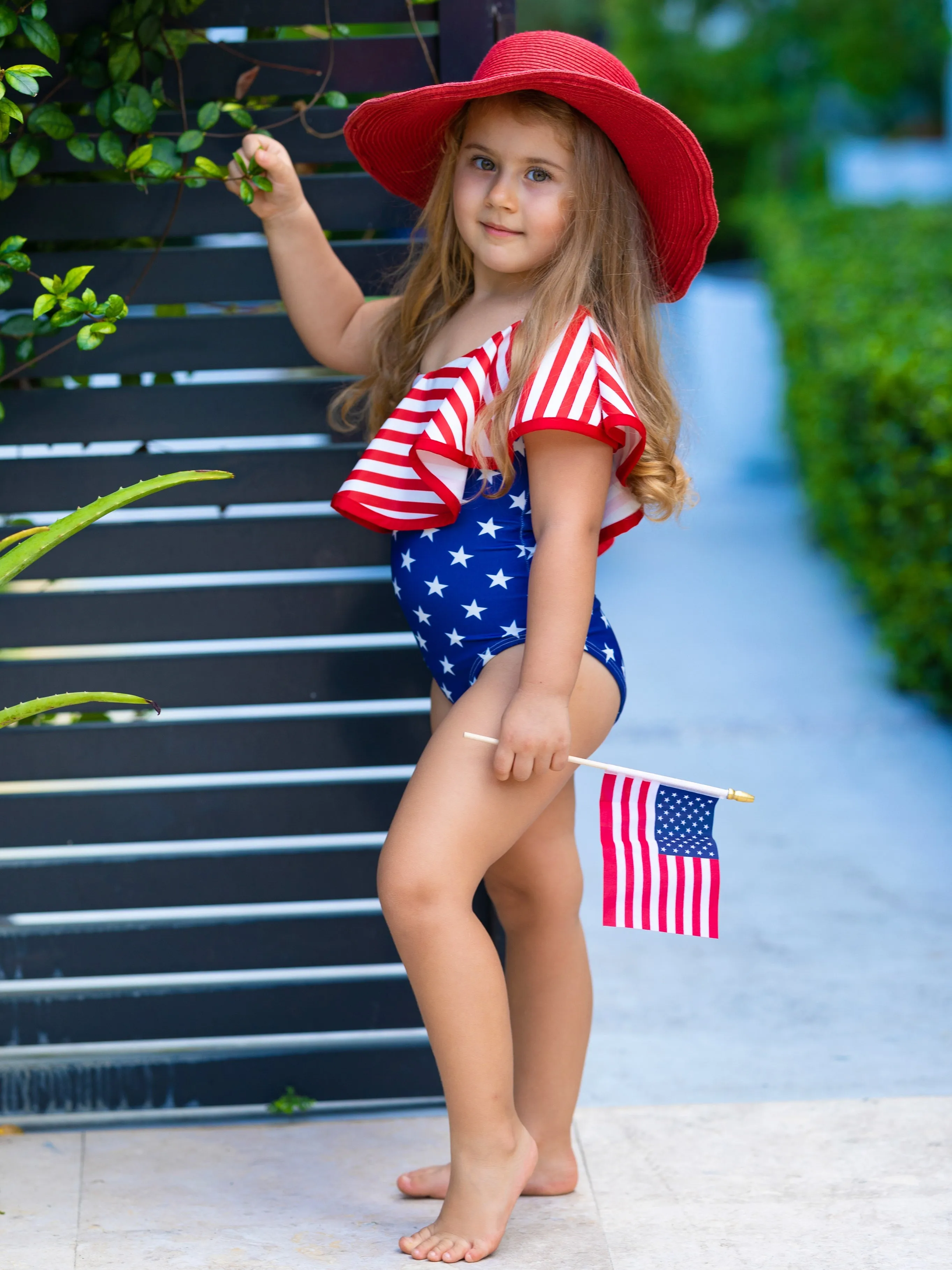 USA Ruffle One Shoulder One Piece Swimsuit