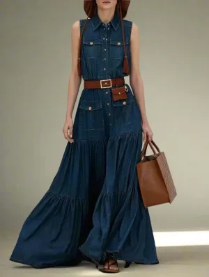 Vintage Denim A-Line Pocket Maxi Dress