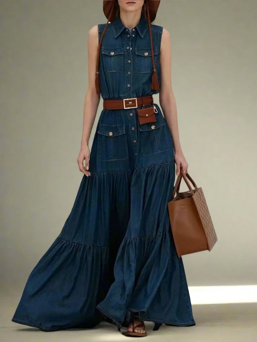 Vintage Denim A-Line Pocket Maxi Dress