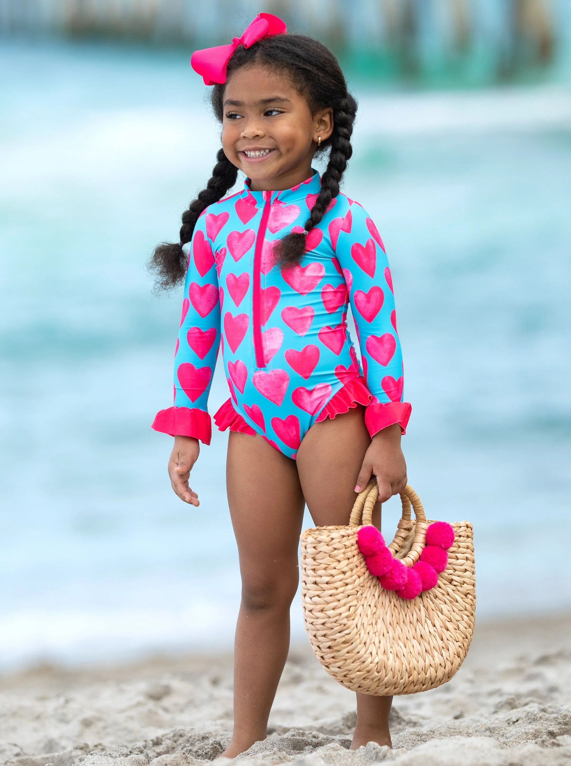 Watercolor Hearts Rash Guard One Piece Swimsuit